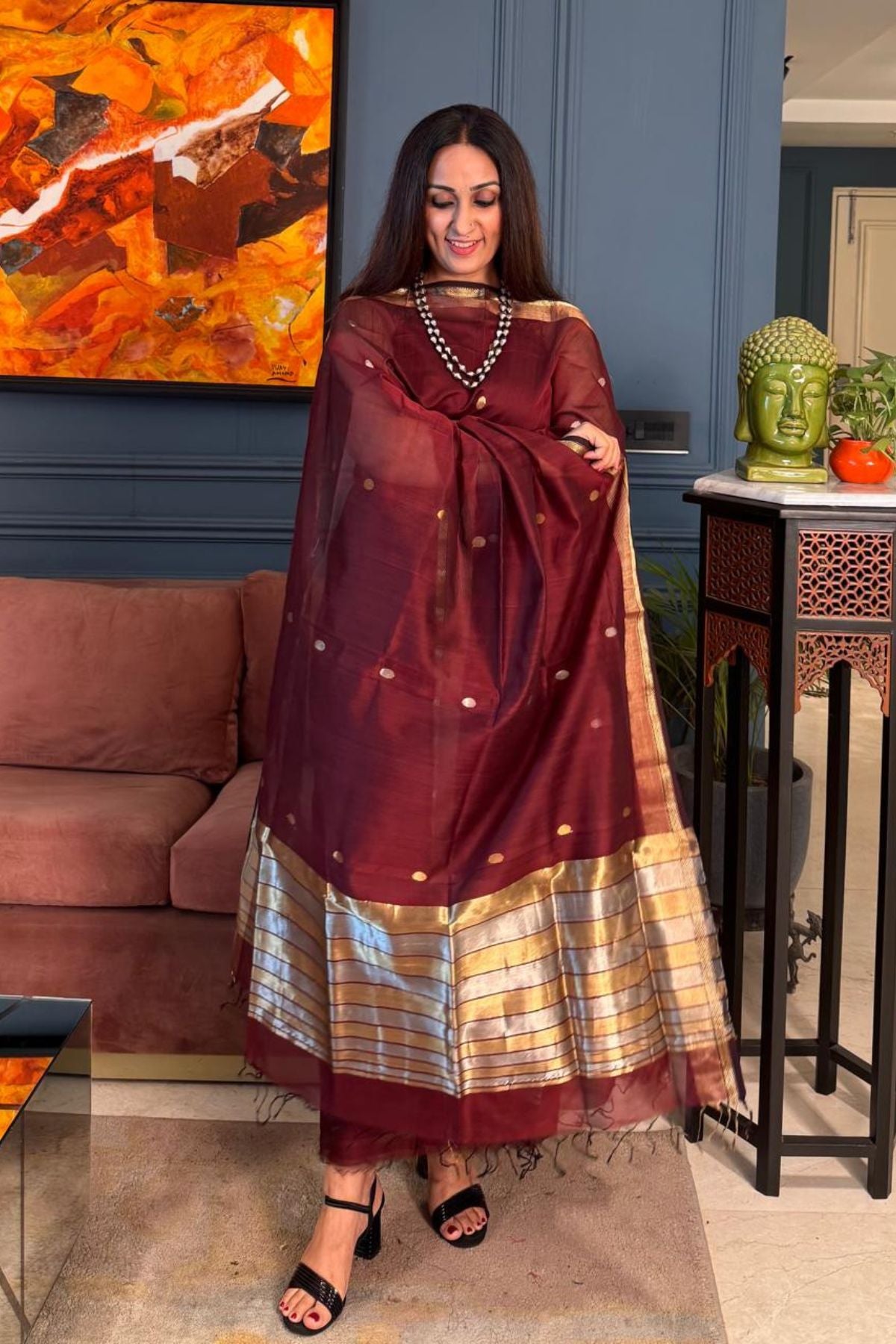 Handwoven Maheshwari silk kurta dupatta set
